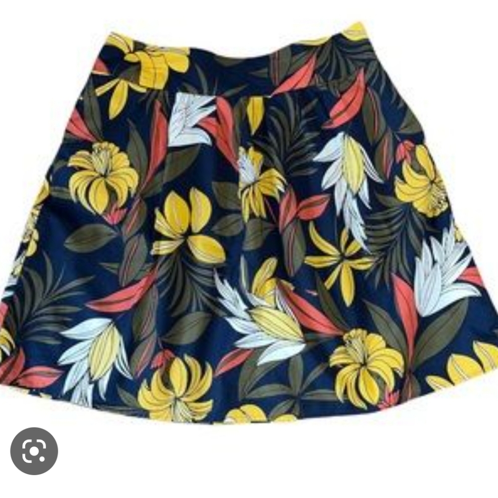 Ann Taylor Factory Navy Floral A-Line Skirt with Yellow & Coral Accents